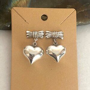Sterling Silver 925 Bow Hollow Puffy Heart Pierced Dangle Drop Earrings